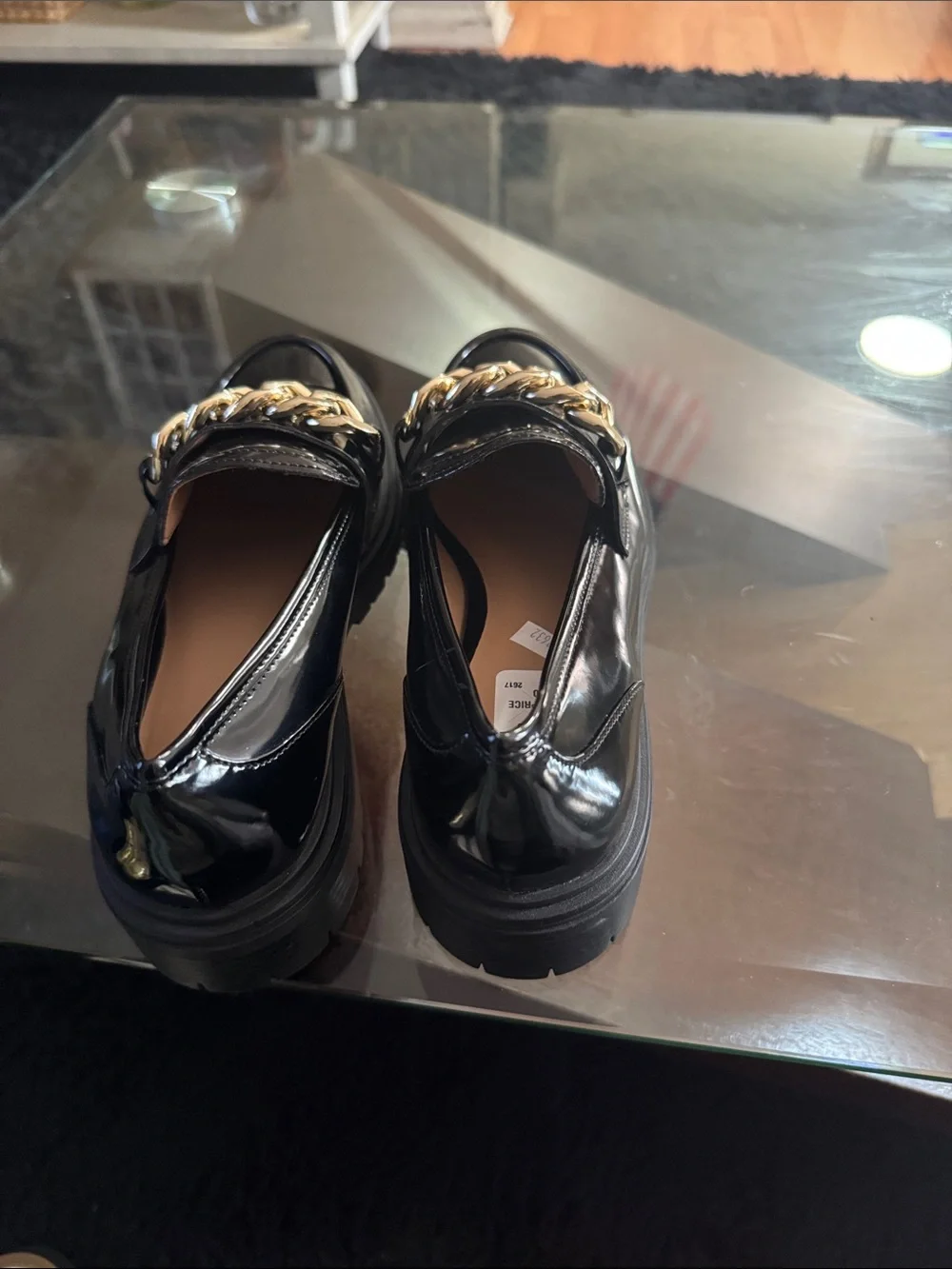 INC International Concepts Black Patent Loafers with Gold Chain
